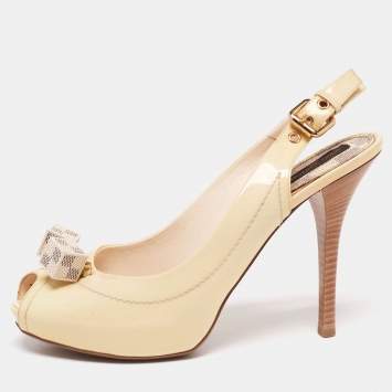Pre Owned Louis Vuitton Cream Patent Leather Dice Peep Toe Slingback Sandals Size 37