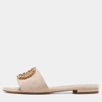 Pre Owned Louis Vuitton Blush Pink Suede Crystal Madeleine Flat Mules Size 37
