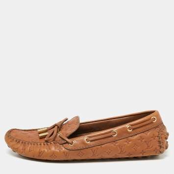 Pre Owned Louis Vuitton Brown Monogram Empreinte Leather Gloria Loafers Size 37