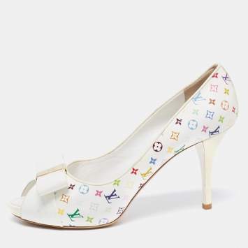Pre Owned Louis Vuitton White/Multicolor Monogram Canvas and Patent Leather Bow Peep-Toe Pumps Size 39.5
