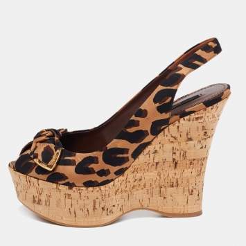 Pre Owned Louis Vuitton Tri-Color Leopard Print Canvas Bow Platform Wedge Slingback Sandals Size 40