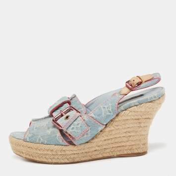 Pre Owned Louis Vuitton Light Blue Monogram Denim Espadrille Slingback Wedge Sandals Size 40