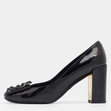 Pre Owned Louis Vuitton Black Patent Leather Studded Graceful Block Heel Pumps Size 36