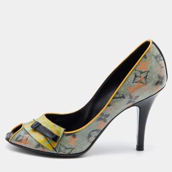 Pre Owned Louis Vuitton Yellow Monogram Coated Denim Richard Prince Flash Pulp Peep-Toe Pumps Size 36