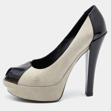 Pre Owned Louis Vuitton Grey/Black Suede And Patent Leather Peep Toe Platform Pumps Size 37