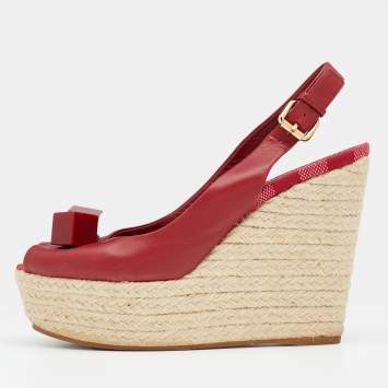 Pre Owned Louis Vuitton Red Leather Gossip Cube Embellished Espadrille Wedge Peep Toe Slingback Sandals Size 37