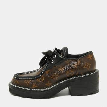 Pre Owned Louis Vuitton Brown/Black Leather And Monogram Canvas Beaubourg Platform Derby Size 39