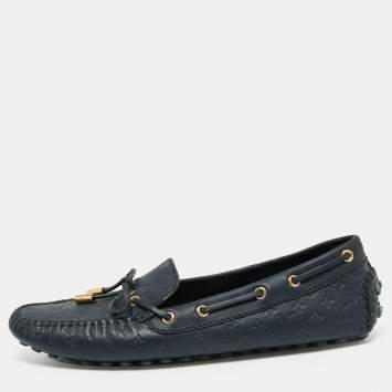 Pre Owned Louis Vuitton Navy Blue Monogram Empreinte Leather Gloria Loafers Size 38.5