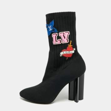Pre Owned Louis Vuitton Black Knit Fabric LV Black Heart Sock Ankle Boots Size 38.5