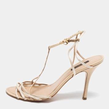 Pre Owned Louis Vuitton Cream Leather and Satin Ankle Strap Sandals  Size 38