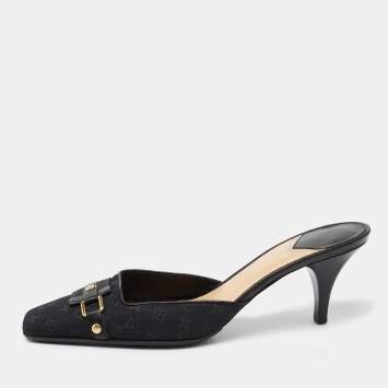 Pre Owned Louis Vuitton Black Monogram Canvas And Leather Slide Sandals Size 38.5