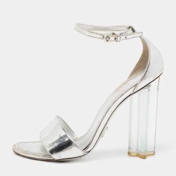 Pre Owned Louis Vuitton Silver Leather Block Heel Ankle Strap Sandals Size 38.5