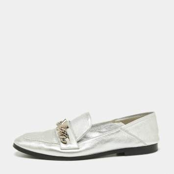 Pre Owned Louis Vuitton Silver Leather V Chain Embellished Loafers Size 38.5