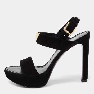 Pre Owned Louis Vuitton Black Suede Platform Ankle Strap Sandals Size 37