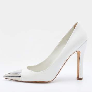 Pre Owned Louis Vuitton White Leather Metal Cap Pointed Toe Pumps Size 36.5