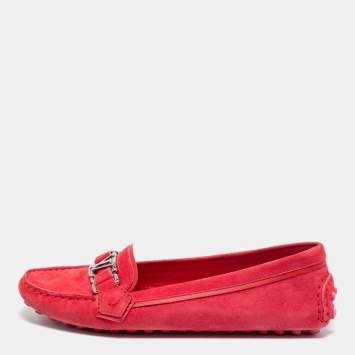 Pre Owned Louis Vuitton Red Suede Slip On Loafers Size 37