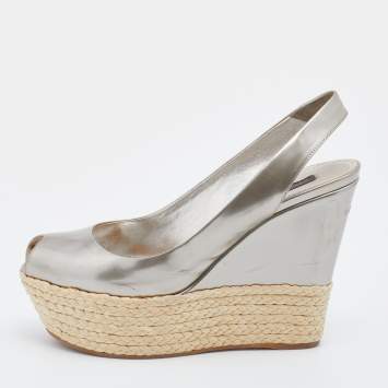 Pre Owned Louis Vuitton Grey Patent Leather Lagoon Espadrilles Platform Wedge Slingback Sandals Size 39