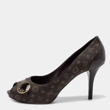 Pre Owned Louis Vuitton Dark Brown Monogram Canvas and Patent Leather Judy Peep-Toe Pumps Size 37