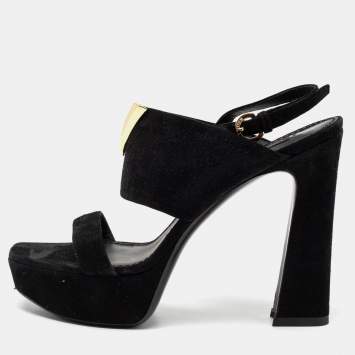 Pre Owned Louis Vuitton Black Suede Platform Slingback Sandals Size 37.5