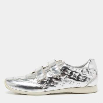 Pre Owned Louis Vuitton Metallic Silver Monogram Leather Mirror Tennis Low Top Sneakers Size 40.5