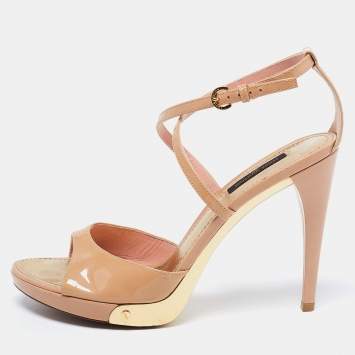 Pre Owned Louis Vuitton Beige Patent Leather Ankle Strap Sandals Size 38
