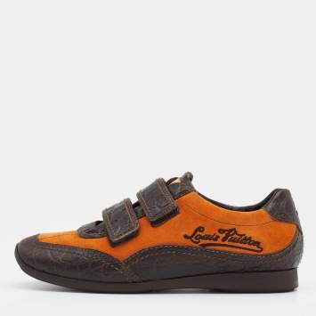 Pre Owned Louis Vuitton Dark Brown/Orange Crocodile Leather And Suede Low Top Sneakers Size 36