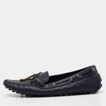 Pre Owned Louis Vuitton Monogram Blue Leather Gloria Bow Slip On Loafers Size 37