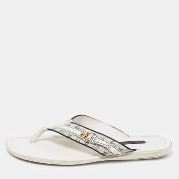 Pre Owned Louis Vuitton White Monogram Canvas And Leather Thong Flats Size 38.5