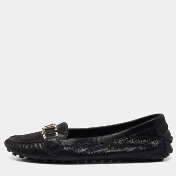 Pre Owned Louis Vuitton Black Glitter Suede Oxford Loafers Size 37.5