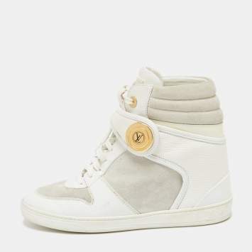 Pre Owned Louis Vuitton White/Grey Epi Leather and Suede Postmark Sneaker Boots Size 38