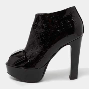 Pre Owned Louis Vuitton Dark Burgundy Monogram Empreinte Vernis Leather Bow Peep-Toe Platform Booties Size 36