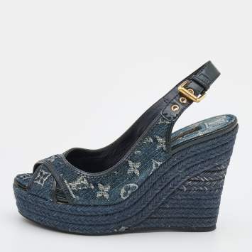 مملوكة مسبقًا Louis Vuitton Denim Monogram Denim Bastille Espadrille Slingback Platform Wedge Sandals Size 38