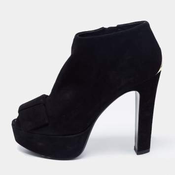 Pre Owned Louis Vuitton Black Suede Bow Peep Toe Ankle Booties Size 36.5