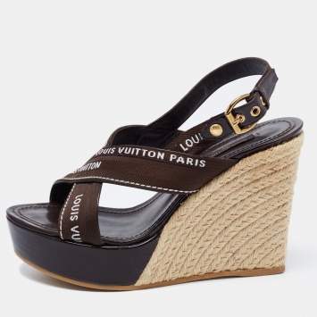 Pre Owned Louis Vuitton Brown Patent and Canvas Wedge Ankle Strap Sandals Size 36.5