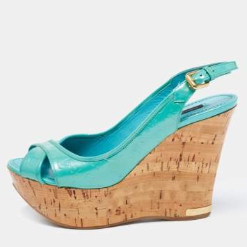 Pre Owned Louis Vuitton Turquoise Monogram Vernis Leather Pantheon Wedge Slingback Sandals Size 38