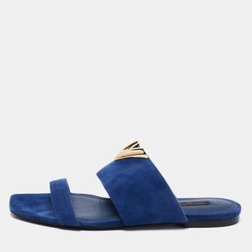 Pre Owned Louis Vuitton Blue Suede V logo Slide Sandals Size 40