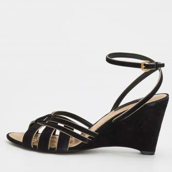 Pre Owned Louis Vuitton Black/Gold Suede and Leather Wedge Strappy Sandals Size 37