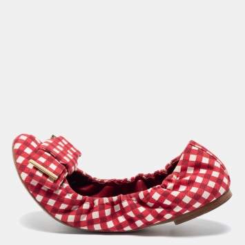 Pre Owned Louis Vuitton Red/White Fabric Scrunch Bow Ballet Flats Size 37.5