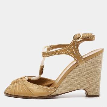 Pre Owned Louis Vuitton Brown Leather Wedge Ankle Strap  Sandals Size 40.5
