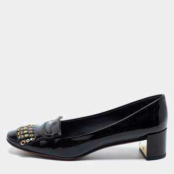 Pre Owned Louis Vuitton Black Patent Leather Fringe Detail Pumps Size 38.5