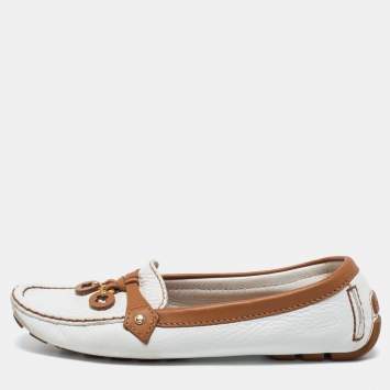 Pre Owned Louis Vuitton White/Brown Leather Slip On Loafers  Size 37