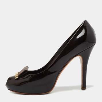 Pre Owned Louis Vuitton Burgundy Patent Leather Peep Toe Pumps Size 38
