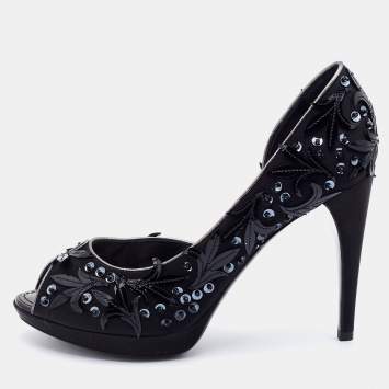 Pre Owned Louis Vuitton Black Satin and Patent Leather Peep Toe D'orsay Pumps Size Size 37.5