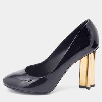 Pre Owned Louis Vuitton Black Patent Leather Round Toe Block Heel Pumps Size 36