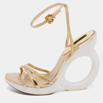 Pre Owned Louis Vuitton Gold Leather Round Wedge Ankle Strap Sandals Size 39