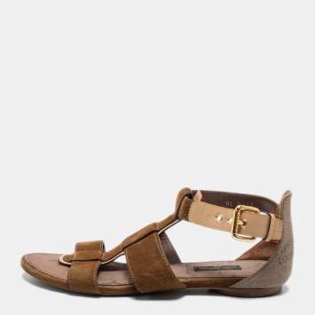 Pre Owned Louis Vuitton Brown Suede and Canvas Flat Sandals Size 37