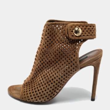 Pre Owned Louis Vuitton Brown Perforated Suede Open Toe Ankle Booties Size 39