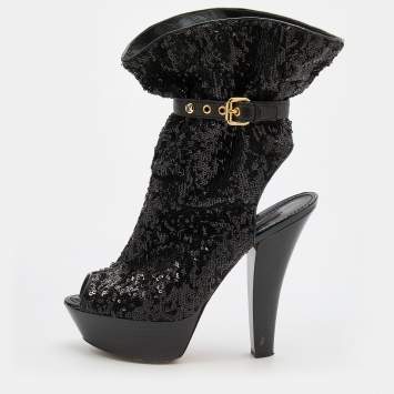 Pre Owned Louis Vuitton Black Sequins and Leather Mid Calf Platform Boots Size 39.5
