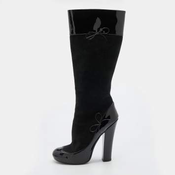 Pre Owned Louis Vuitton Black Suede and Patent Leather Knee Length Boots Size 38.5