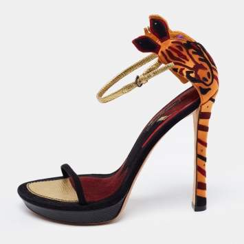 Pre Owned Louis Vuitton Multicolor Satin and Suede Platform Ankle Strap Sandals Size 39